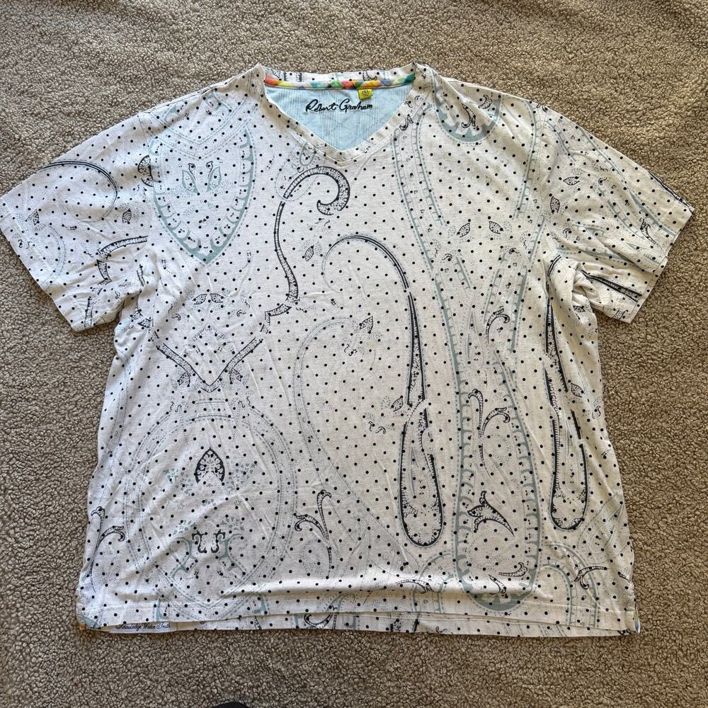 ROBERT GRAHAM Size 2XL White Blue Paisley Cotton V-Neck T-shirt